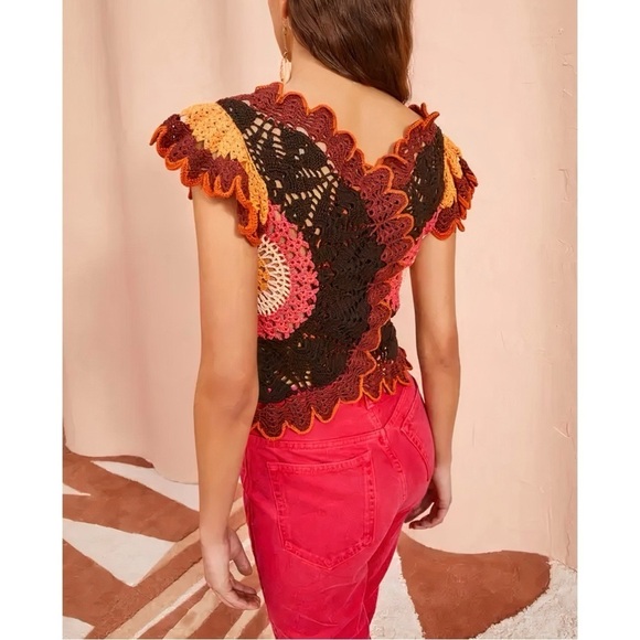 Ulla Johnson Crochet-Knit Ruffle Short-Sleeve Magdalena Top - Picture 6 of 7